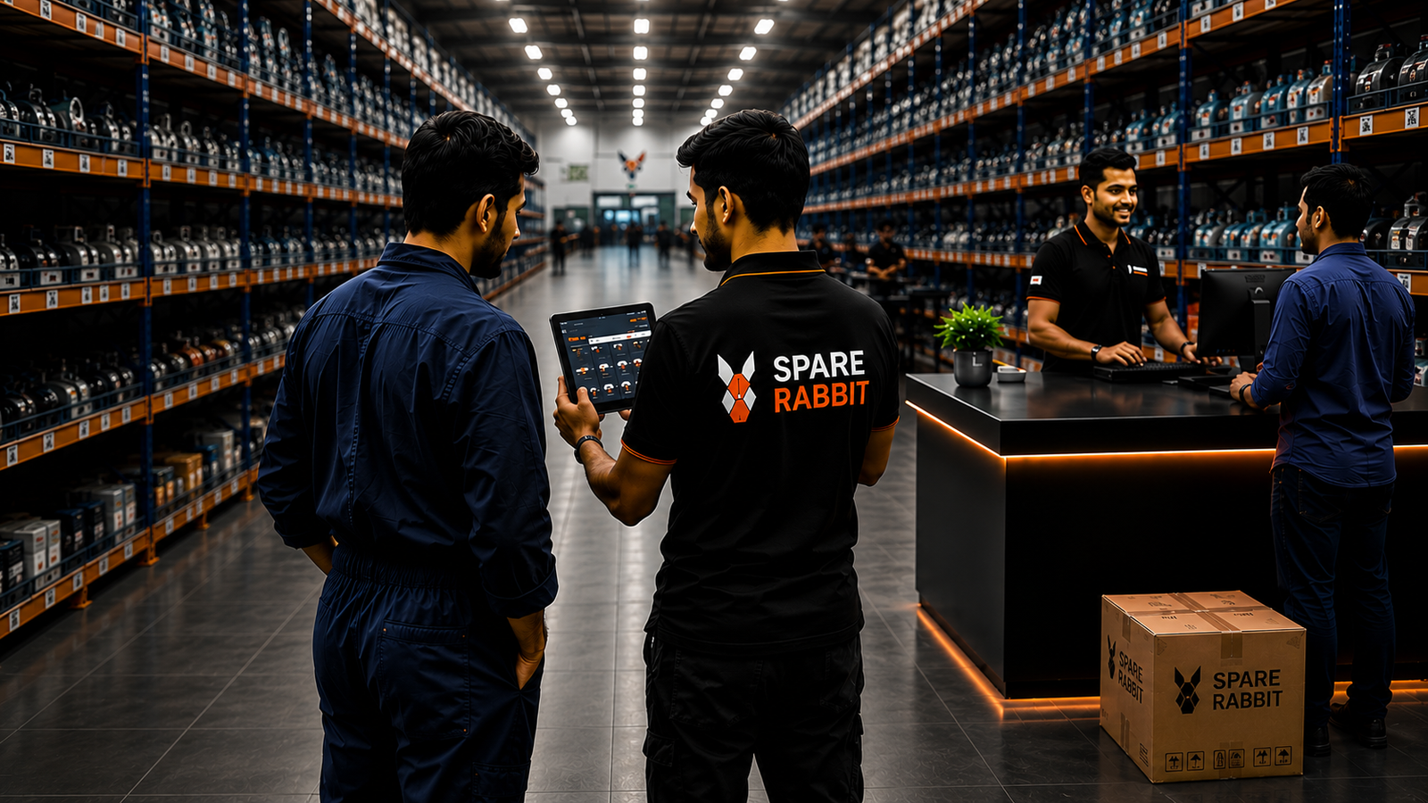 SpareRabbit staff helping garage owners inside a spare parts warehouse