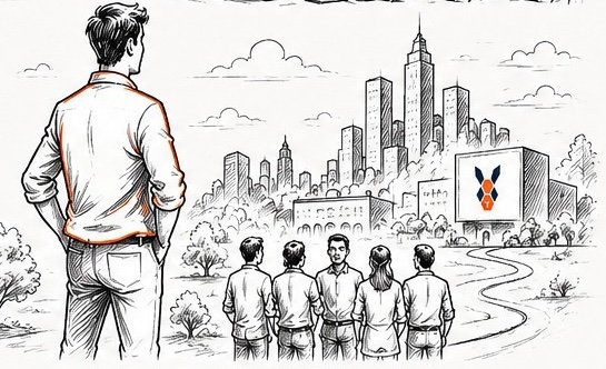 A team looking out at a city skyline carrying the SpareRabbit mark